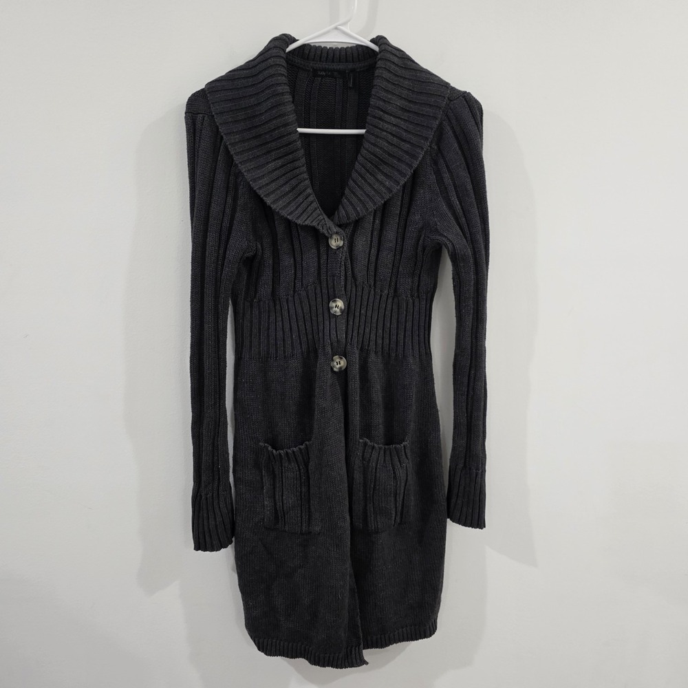 Y2K Daisy Fuentes‎ Long Cardigan Size Large Gray Fitted Ren Faire Boho